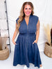 Blue Smocked Waist Twill Suede Shirt Dress - Whiskey Skies - SHE + SKY