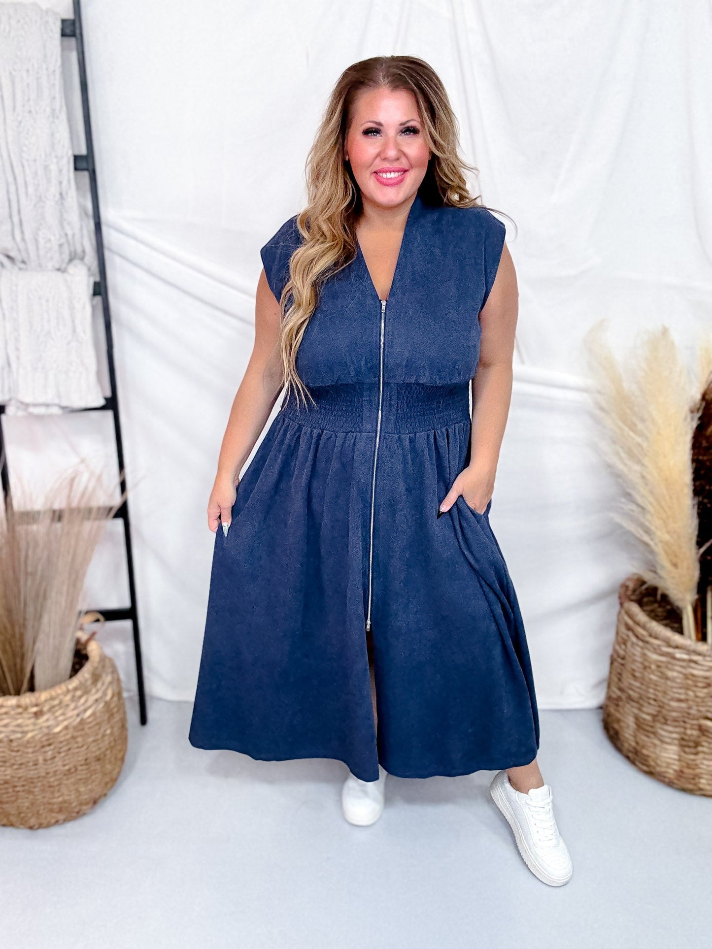 Blue Smocked Waist Twill Suede Shirt Dress - Whiskey Skies - SHE + SKY