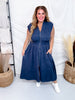 Blue Smocked Waist Twill Suede Shirt Dress - Whiskey Skies - SHE + SKY
