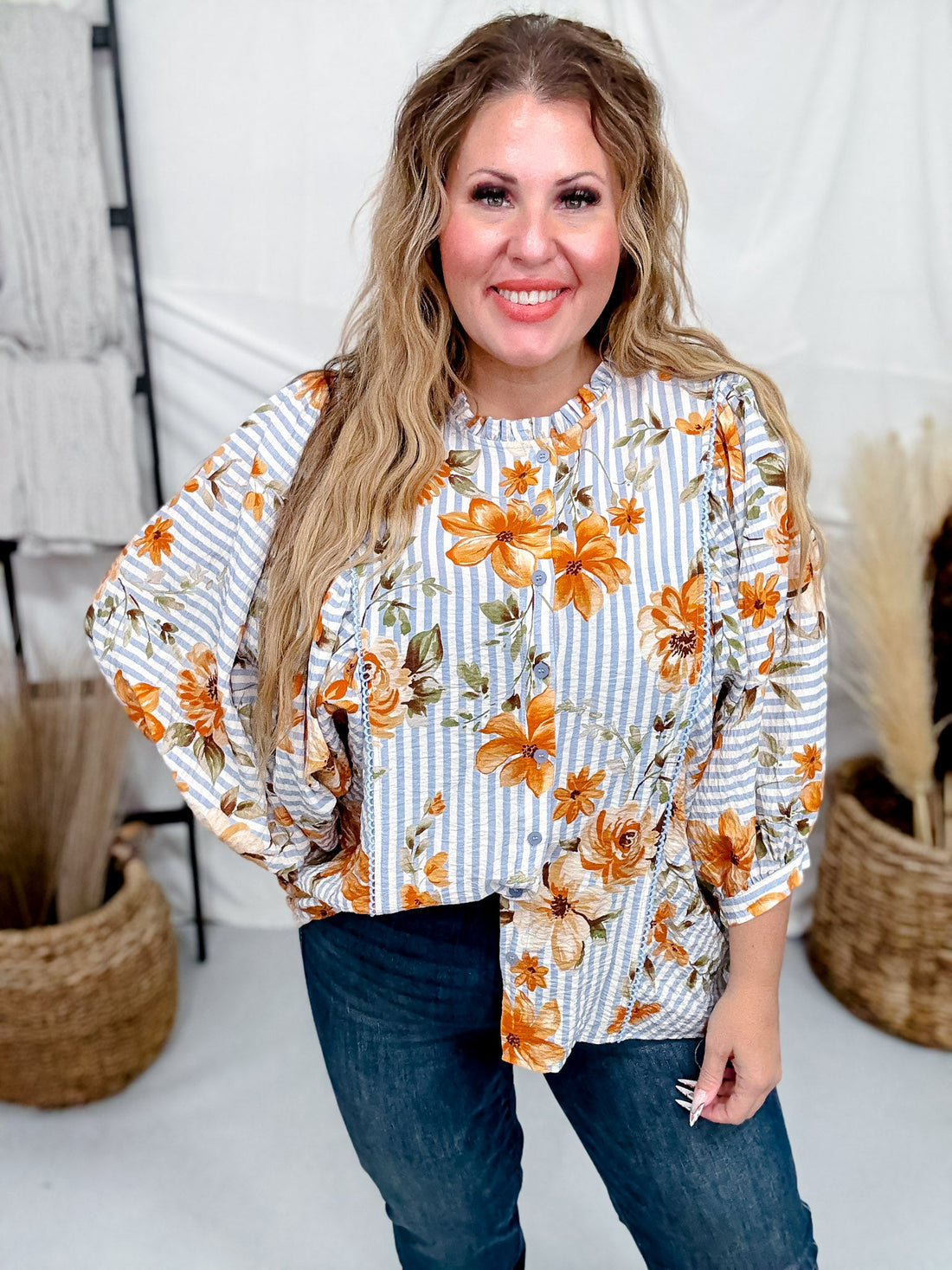 Blue Striped Floral Button Down Blouse With Shirred Front - Whiskey Skies - ODDI