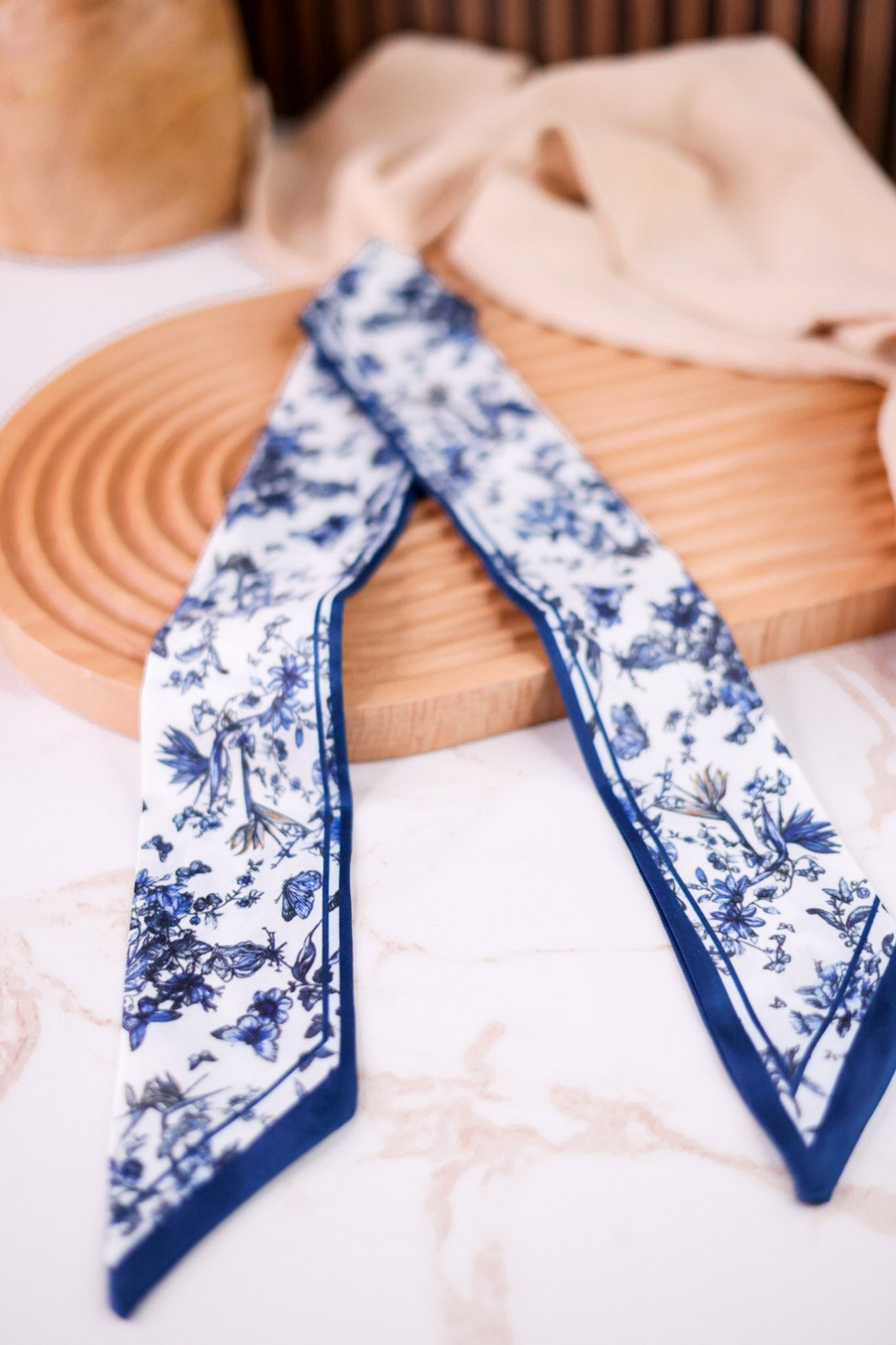 Blue & White Butterfly Floral Print Twilly Scarf - Whiskey Skies - CAMEL THREADS