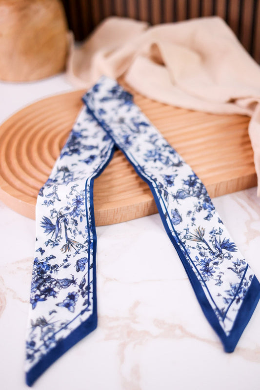 Blue & White Butterfly Floral Print Twilly Scarf - Whiskey Skies - CAMEL THREADS