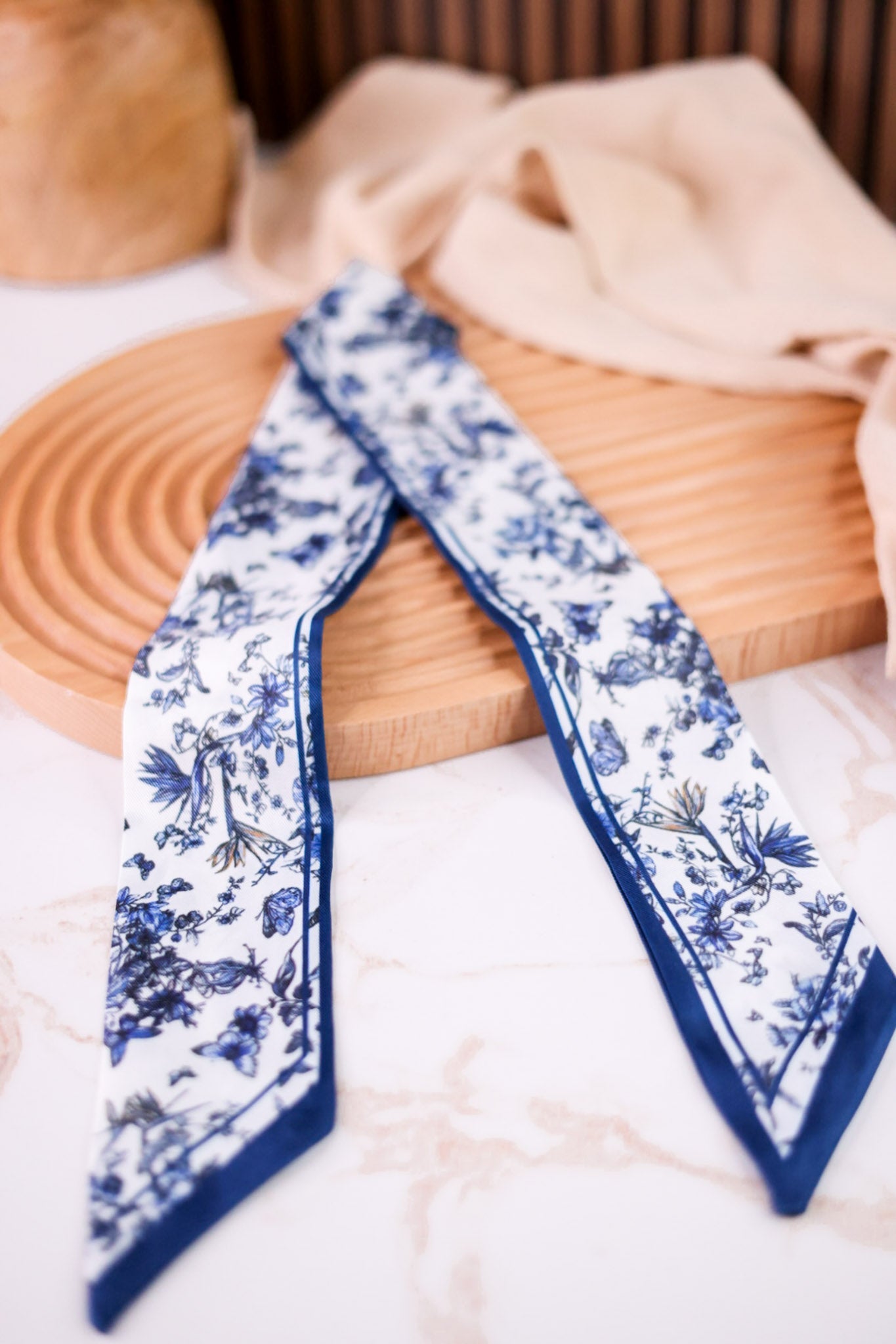 Blue & White Butterfly Floral Print Twilly Scarf - Whiskey Skies - CAMEL THREADS
