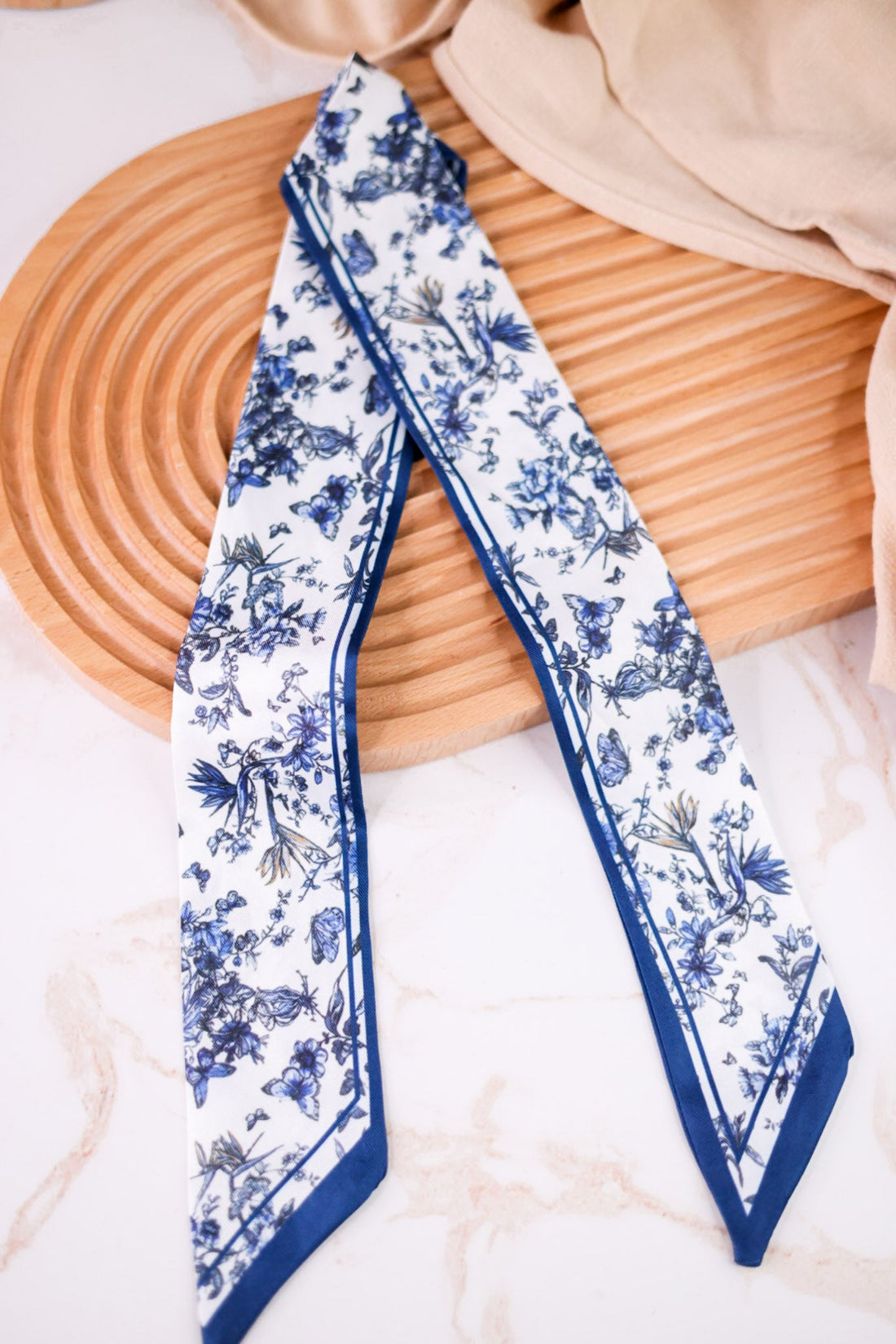 Blue & White Butterfly Floral Print Twilly Scarf - Whiskey Skies - CAMEL THREADS