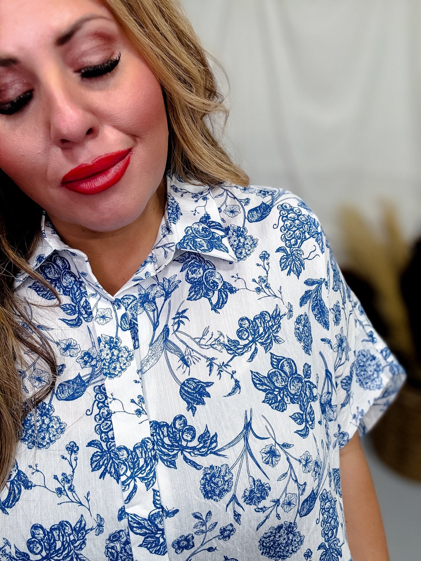 Blue & White Floral Print Button Down Top - Whiskey Skies - UMGEE