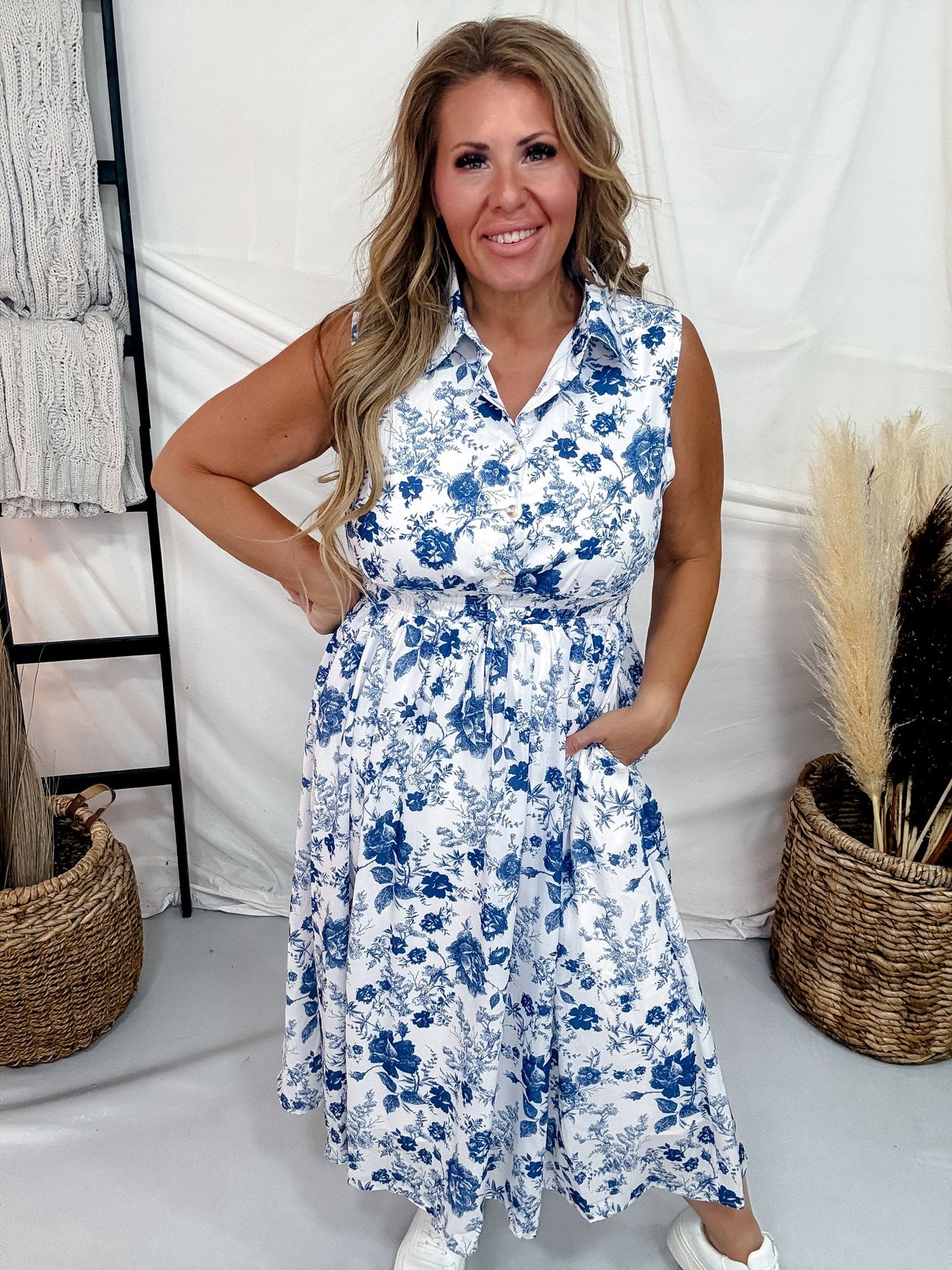 Blue & White Floral Print Sleeveless Midi Dress - Whiskey Skies - POLAGRAM + BAEVELY