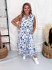 Blue & White Floral Print Sleeveless Midi Dress - Whiskey Skies - POLAGRAM + BAEVELY