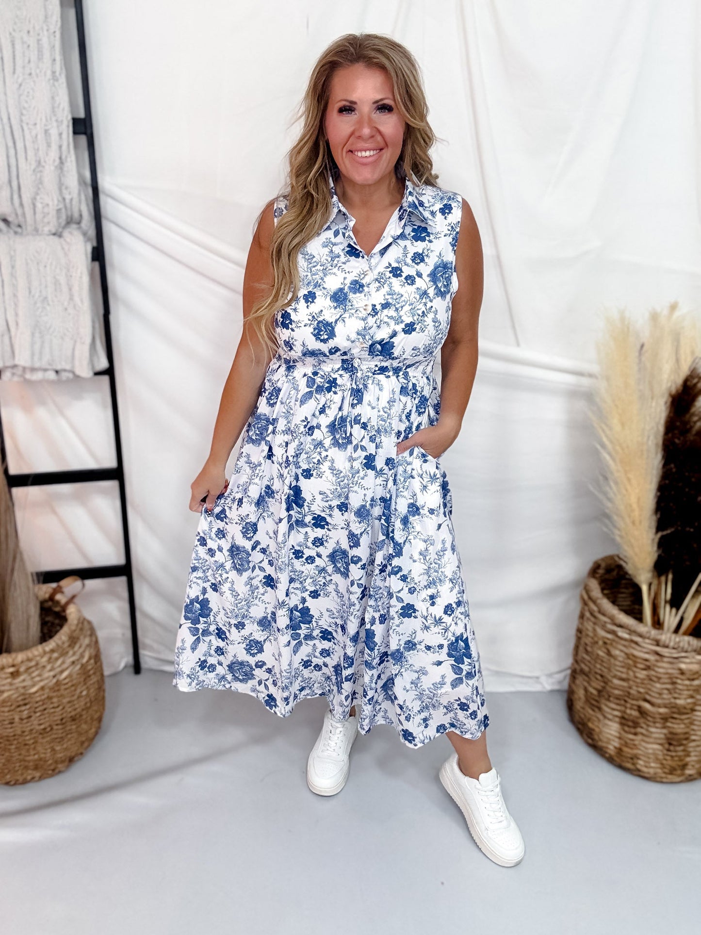 Blue & White Floral Print Sleeveless Midi Dress - Whiskey Skies - POLAGRAM + BAEVELY