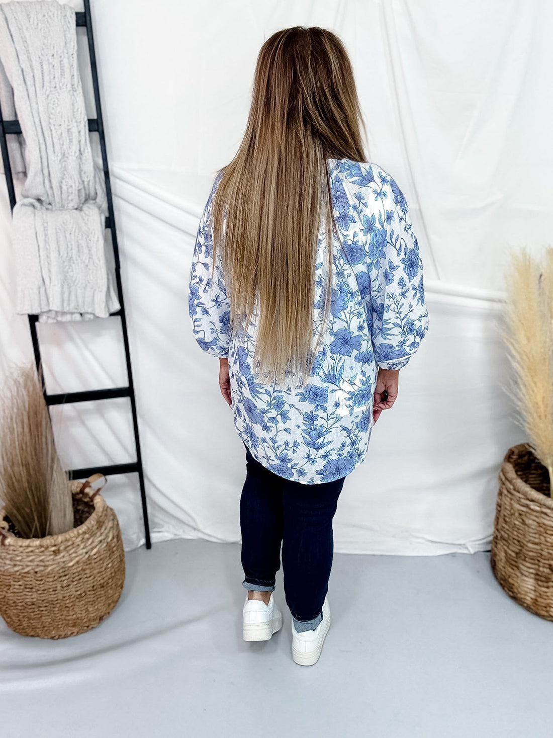 Blue & White Floral Split V - Neck Long Sleeve Top - Whiskey Skies - SEW IN LOVE