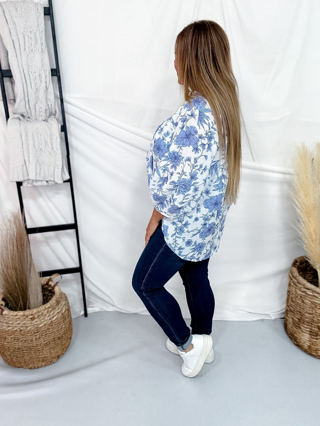 Blue & White Floral Split V - Neck Long Sleeve Top - Whiskey Skies - SEW IN LOVE