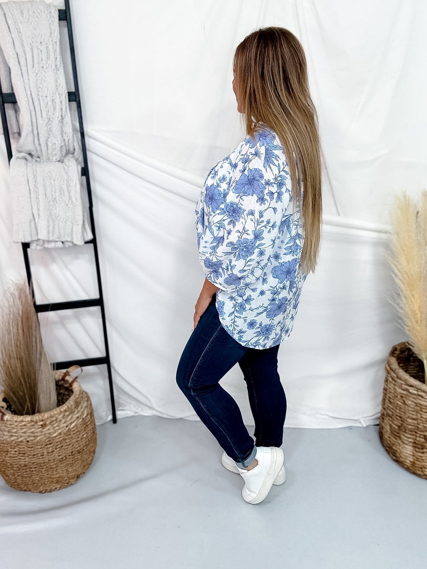 Blue & White Floral Split V - Neck Long Sleeve Top - Whiskey Skies - SEW IN LOVE