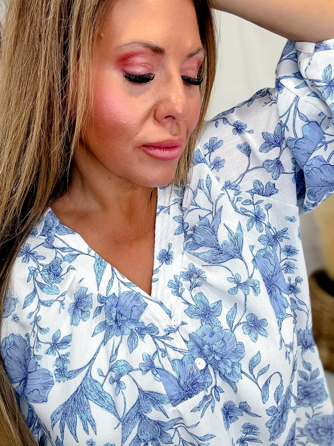 Blue & White Floral Split V - Neck Long Sleeve Top - Whiskey Skies - SEW IN LOVE