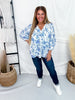 Blue & White Floral Split V - Neck Long Sleeve Top - Whiskey Skies - SEW IN LOVE