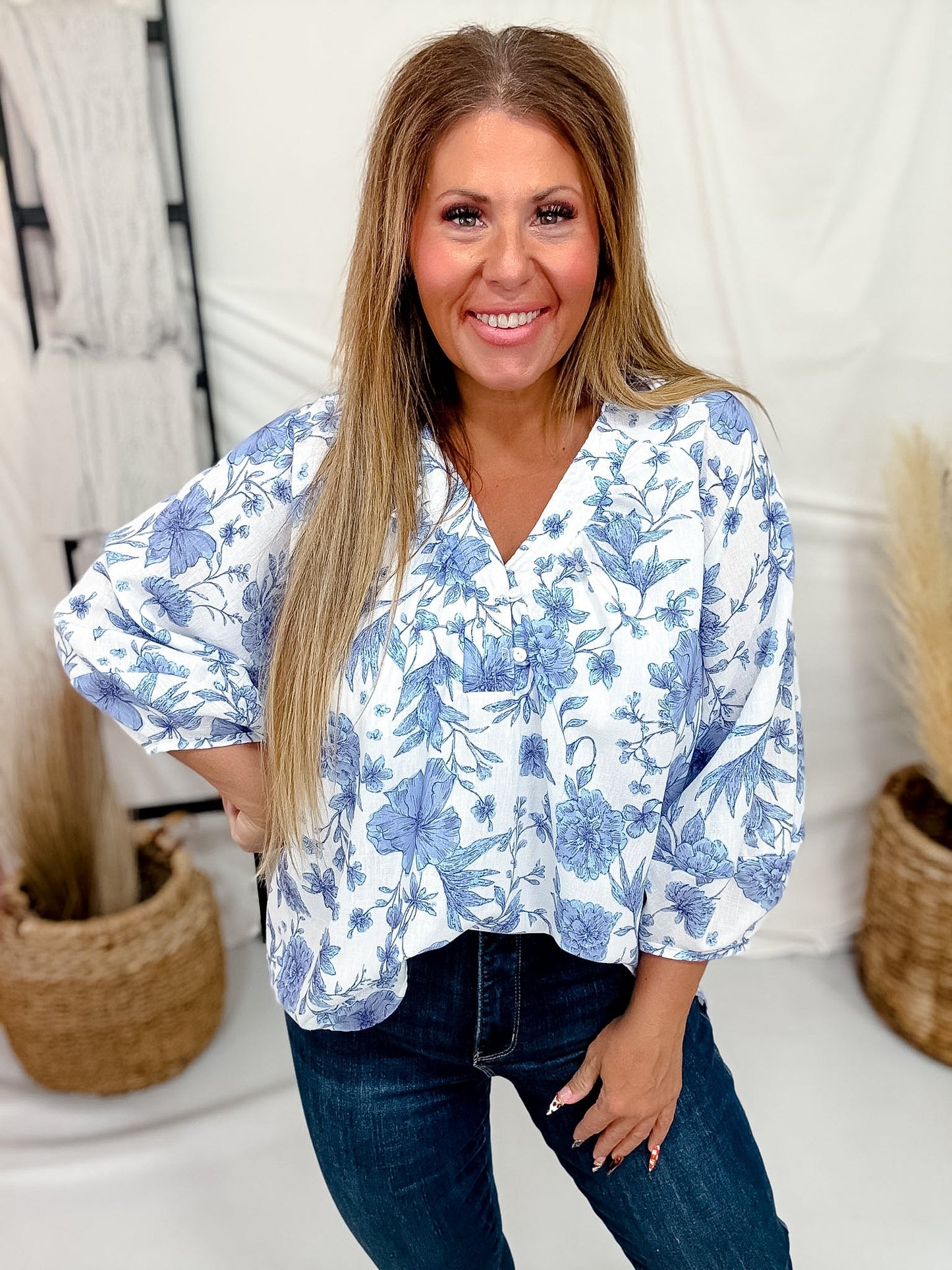 Blue & White Floral Split V - Neck Long Sleeve Top - Whiskey Skies - SEW IN LOVE