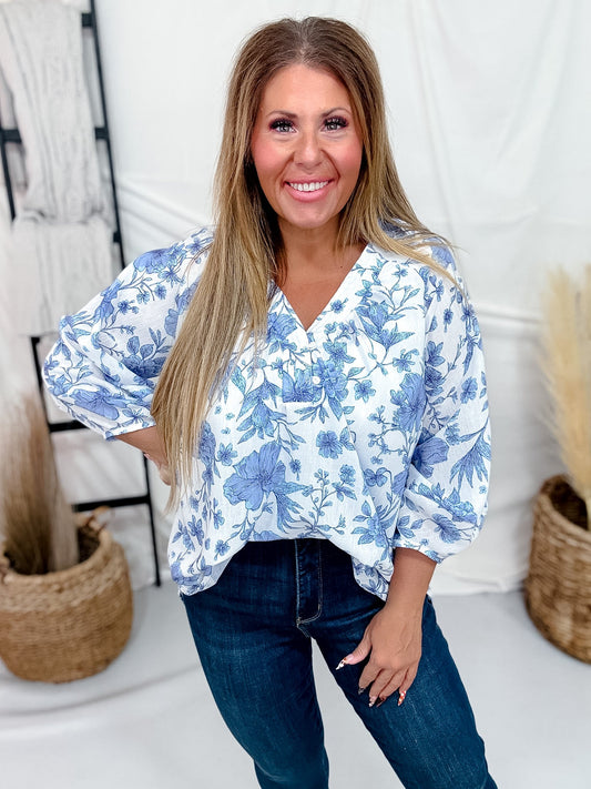 Blue & White Floral Split V - Neck Long Sleeve Top - Whiskey Skies - SEW IN LOVE