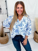 Blue & White Floral Split V - Neck Long Sleeve Top - Whiskey Skies - SEW IN LOVE