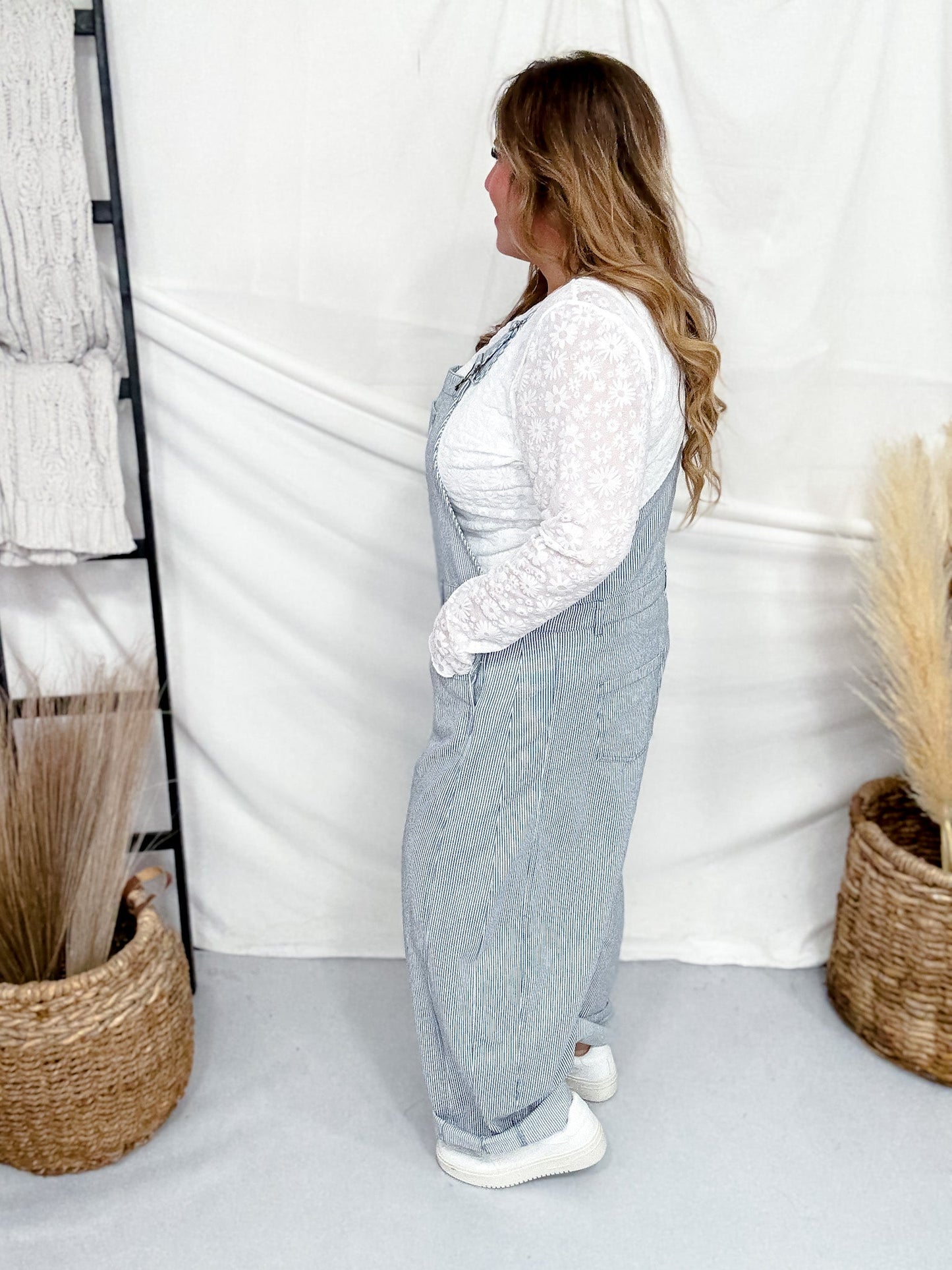 Blue & White Pinstriped Barrel Leg Overalls - Whiskey Skies - ODDI