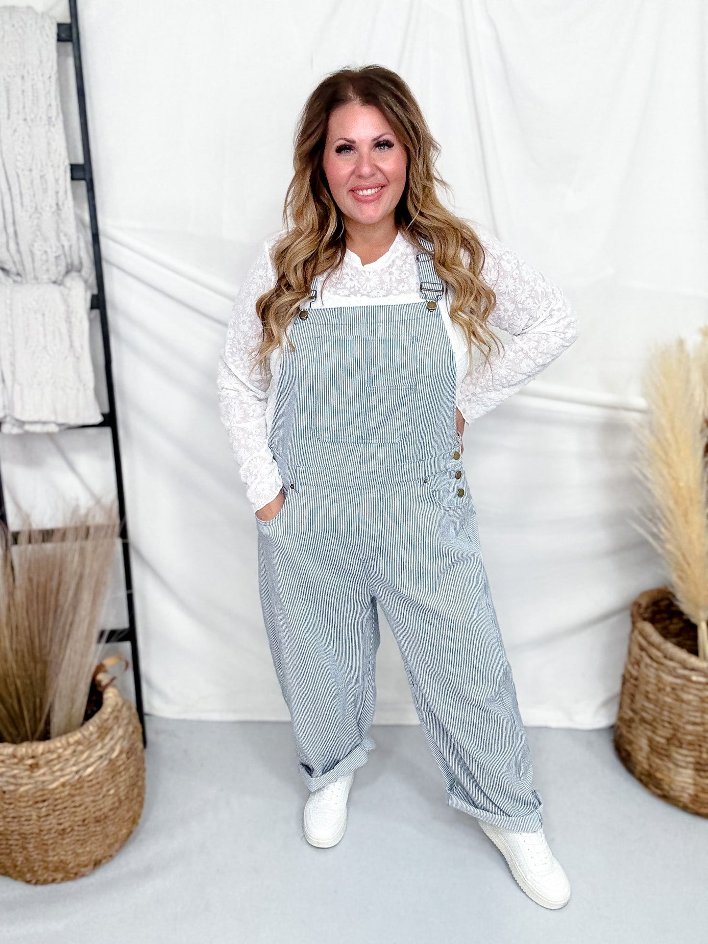 Blue & White Pinstriped Barrel Leg Overalls - Whiskey Skies - ODDI