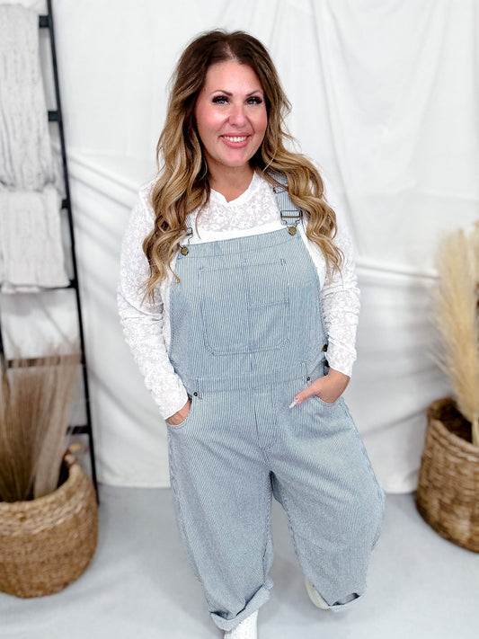 Blue & White Pinstriped Barrel Leg Overalls - Whiskey Skies - ODDI