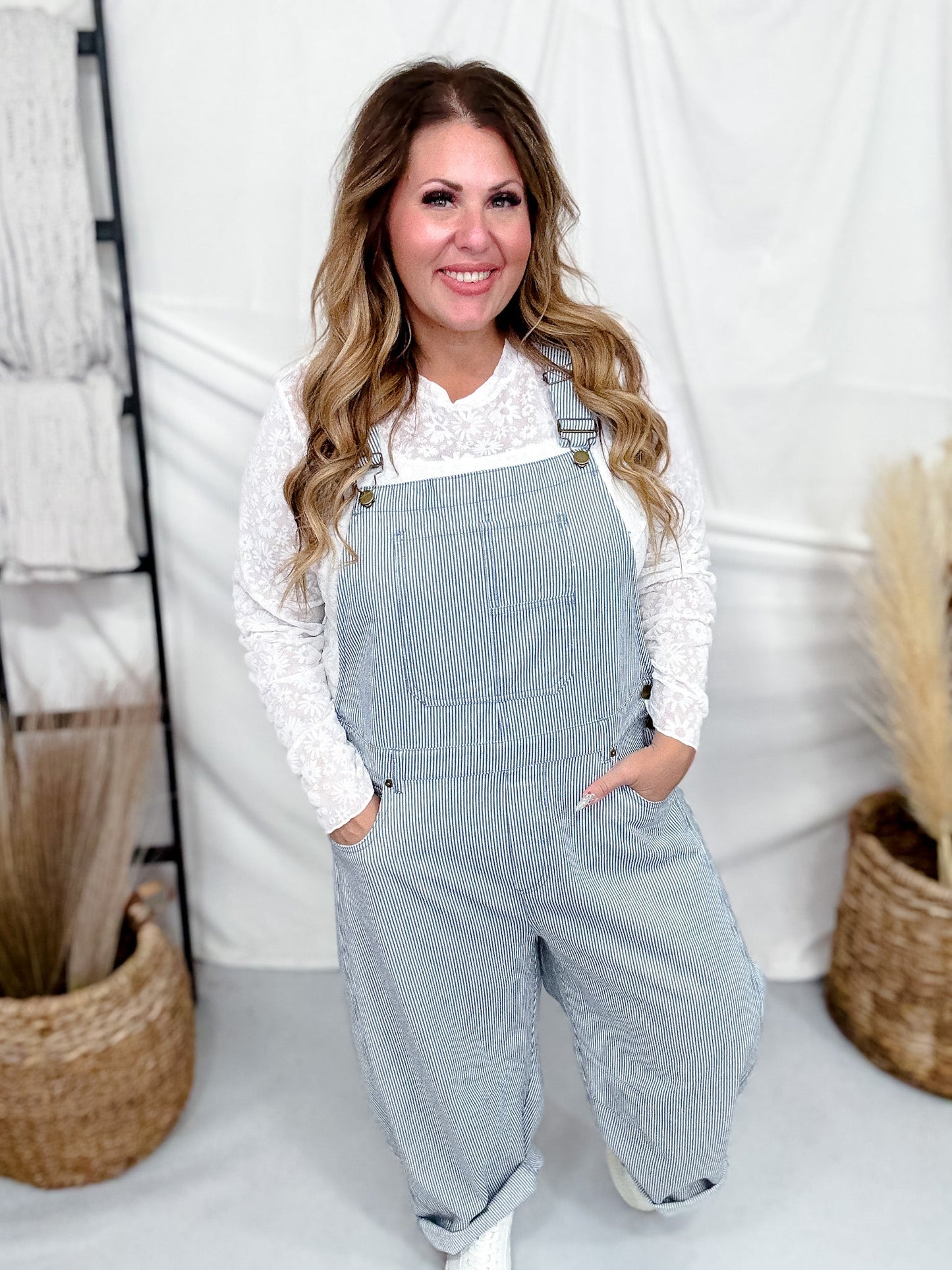 Blue & White Pinstriped Barrel Leg Overalls - Whiskey Skies - ODDI