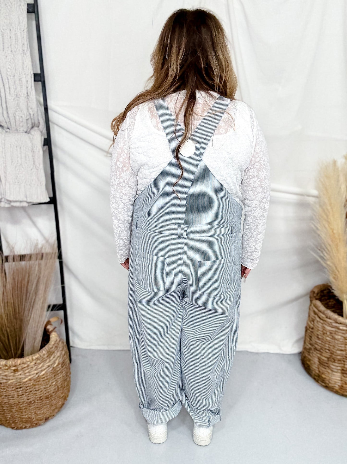 Blue & White Pinstriped Barrel Leg Overalls - Whiskey Skies - ODDI