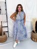 Blue & White Pinstriped Zipper Front Dress W/ Floral Embroidery - Whiskey Skies - HEIMISH