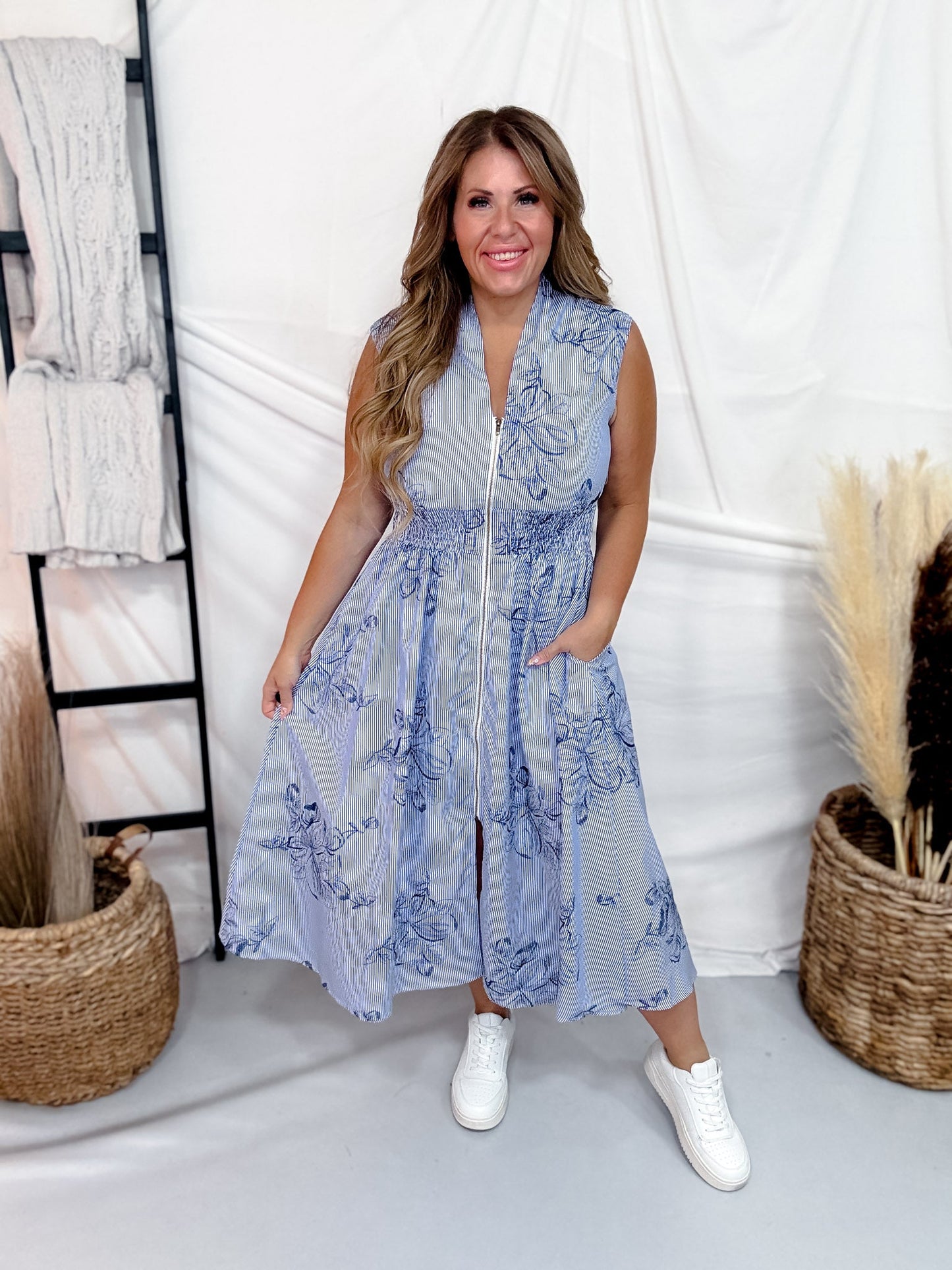 Blue & White Pinstriped Zipper Front Dress W/ Floral Embroidery - Whiskey Skies - HEIMISH