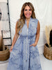 Blue & White Pinstriped Zipper Front Dress W/ Floral Embroidery - Whiskey Skies - HEIMISH