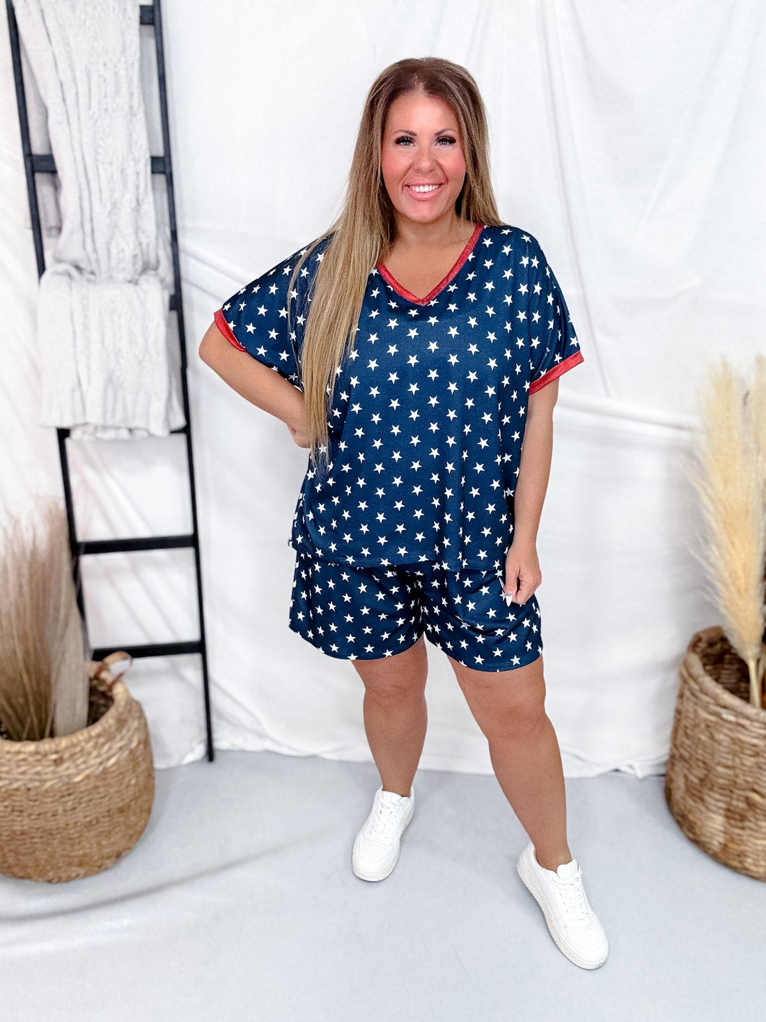 Blue & White Star Print Top With Red Trim V - Neckline - Whiskey Skies - SOUTHERN GRACE