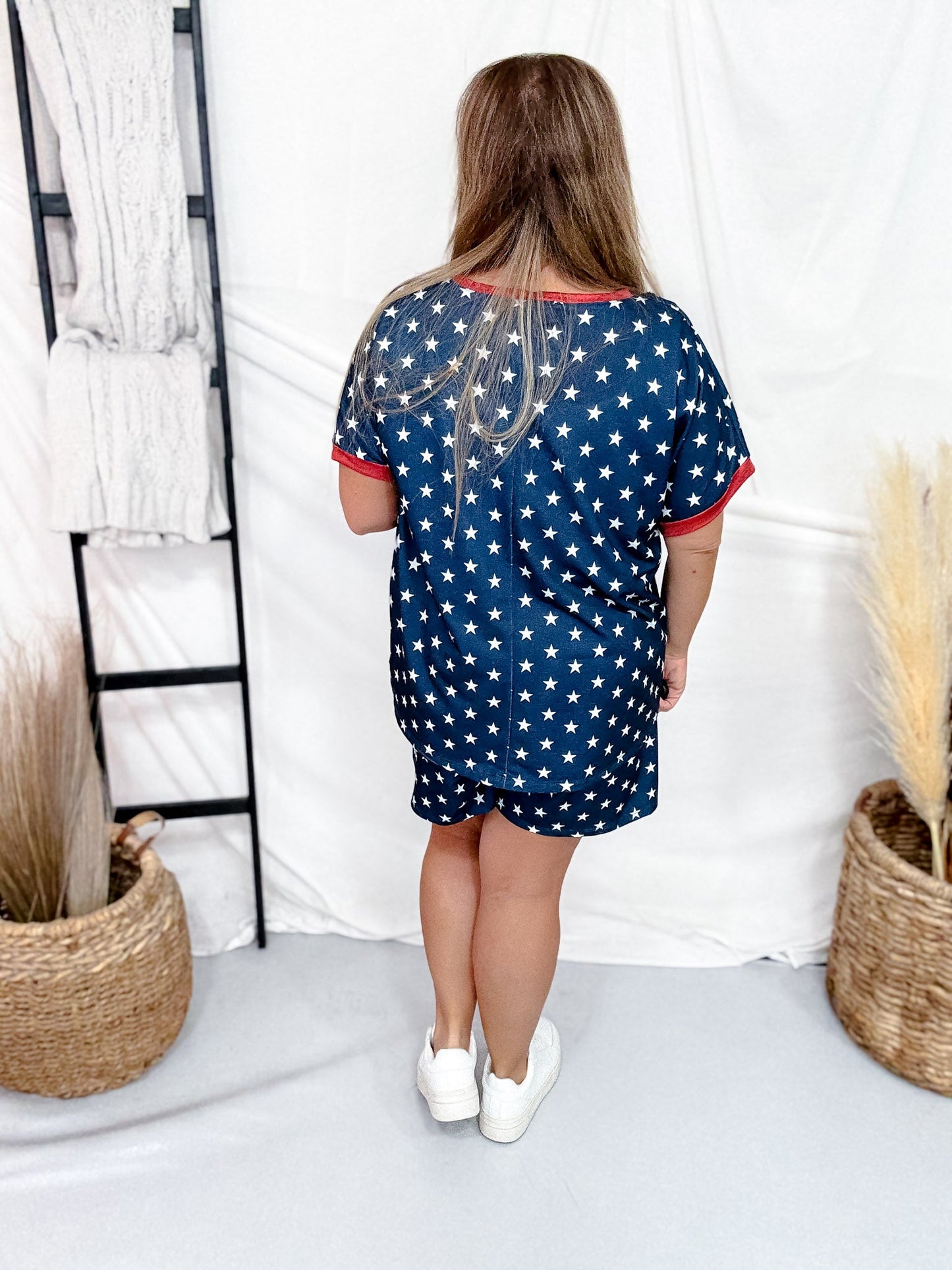 Blue & White Star Print Top With Red Trim V - Neckline - Whiskey Skies - SOUTHERN GRACE
