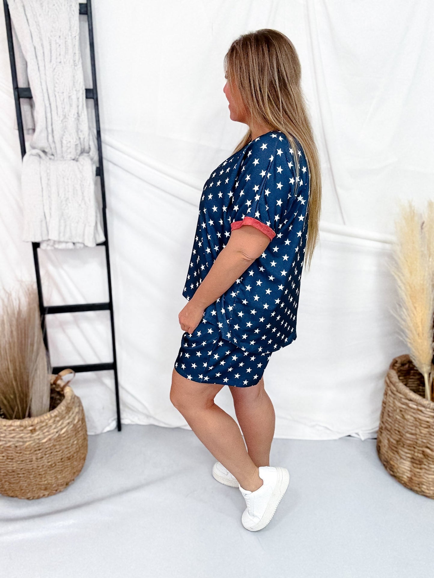 Blue & White Star Print Top With Red Trim V - Neckline - Whiskey Skies - SOUTHERN GRACE