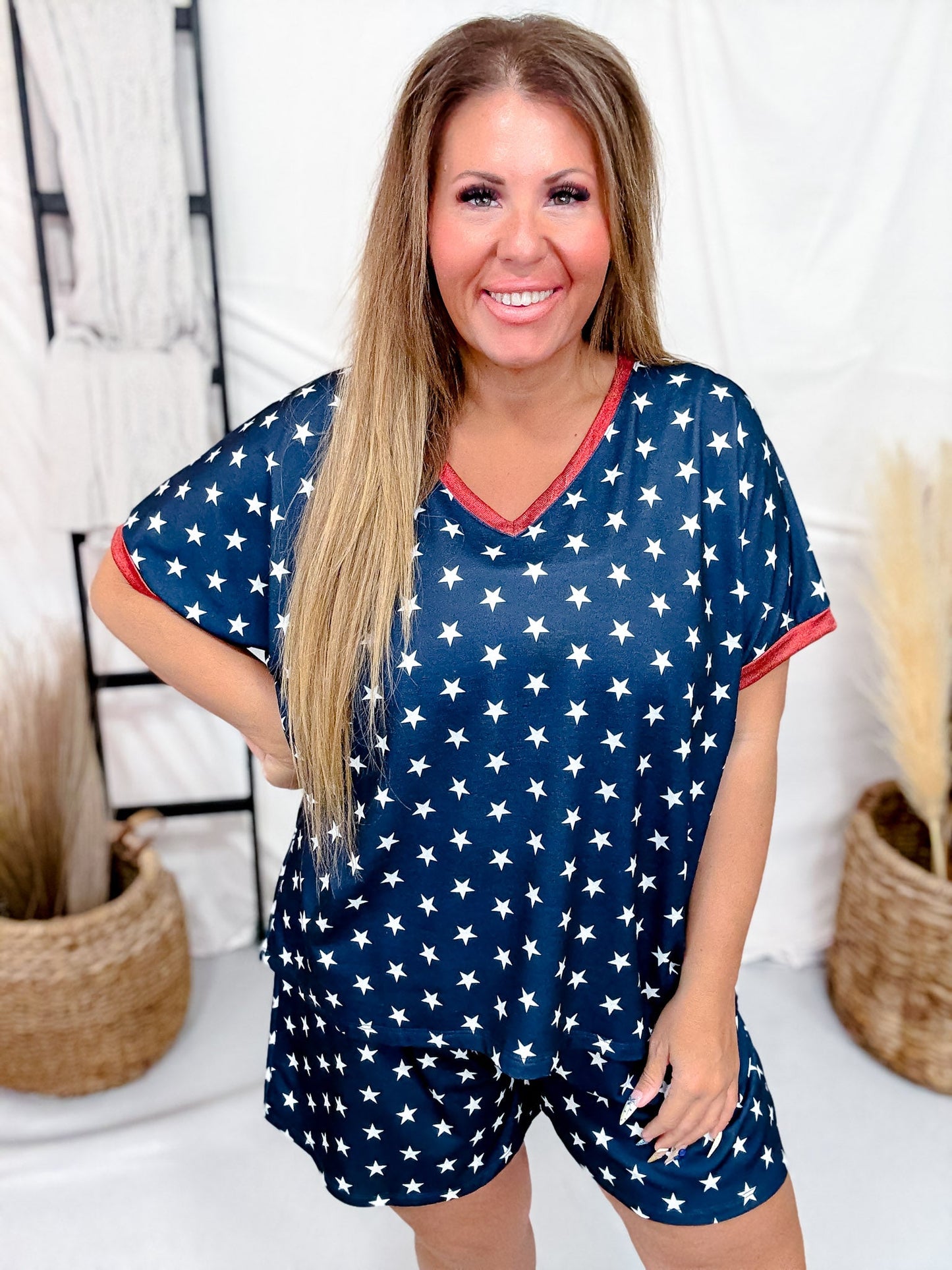 Blue & White Star Print Top With Red Trim V - Neckline - Whiskey Skies - SOUTHERN GRACE