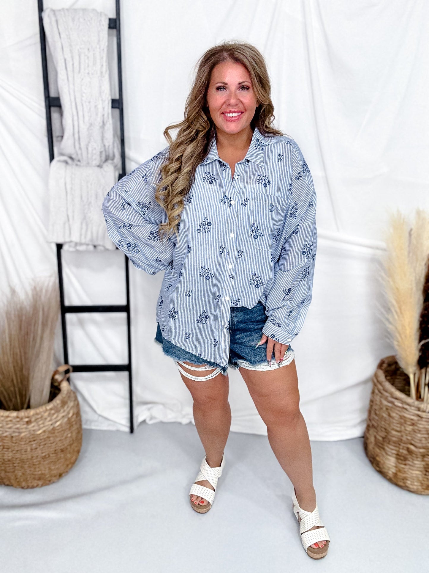 Blue & White Striped Blouse With Embroidered Flowers - Whiskey Skies - SEW IN LOVE