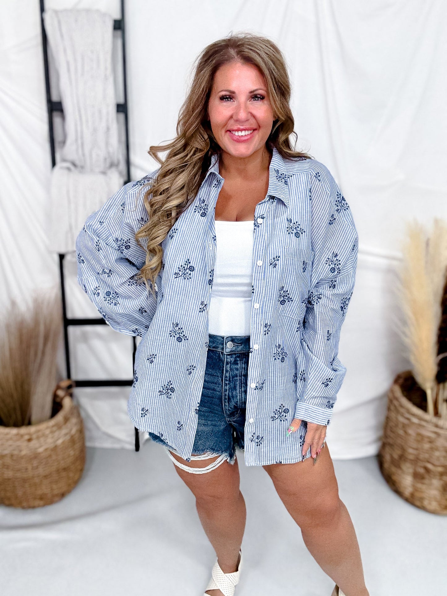 Blue & White Striped Blouse With Embroidered Flowers - Whiskey Skies - SEW IN LOVE