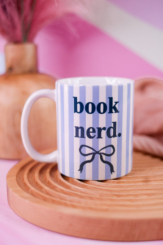 Blue & White Striped Book Nerd Ceramic Mug - Whiskey Skies - MUGSBY