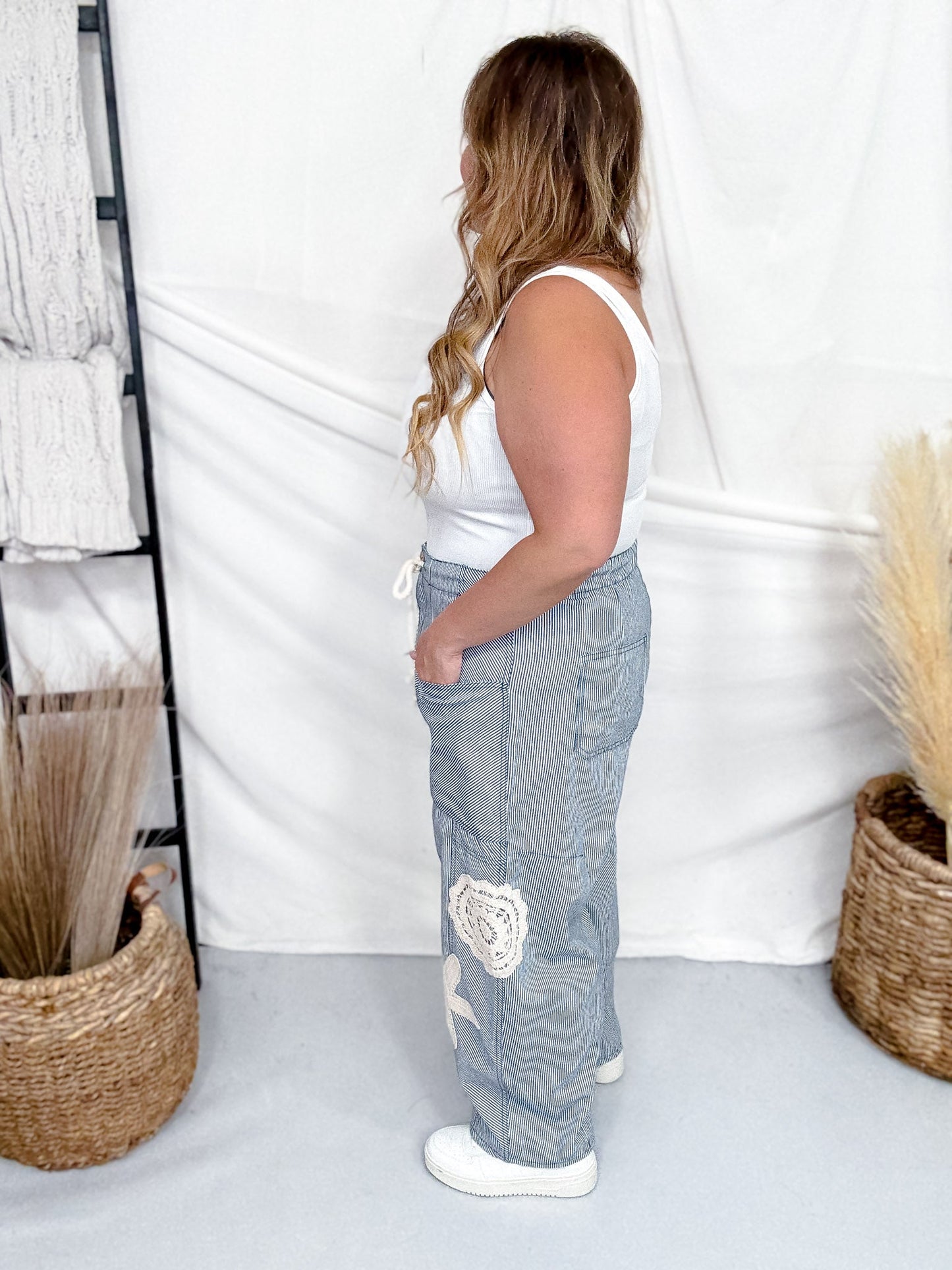 Blue & White Striped Drawstring Pants With Crochet Appliques - Whiskey Skies - ODDI