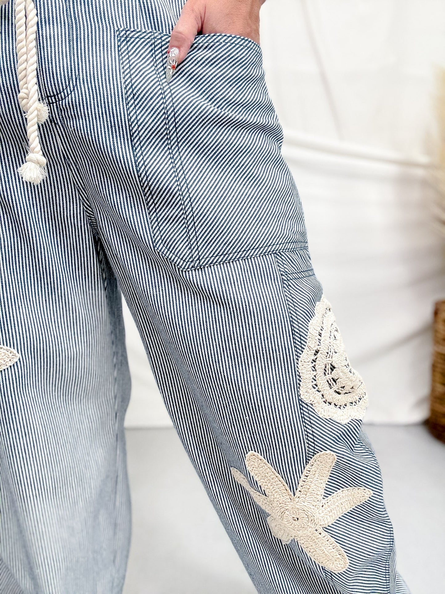 Blue & White Striped Drawstring Pants With Crochet Appliques - Whiskey Skies - ODDI