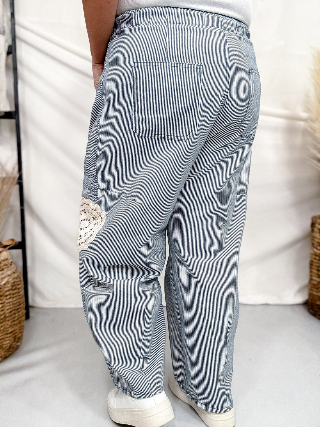 Blue & White Striped Drawstring Pants With Crochet Appliques - Whiskey Skies - ODDI