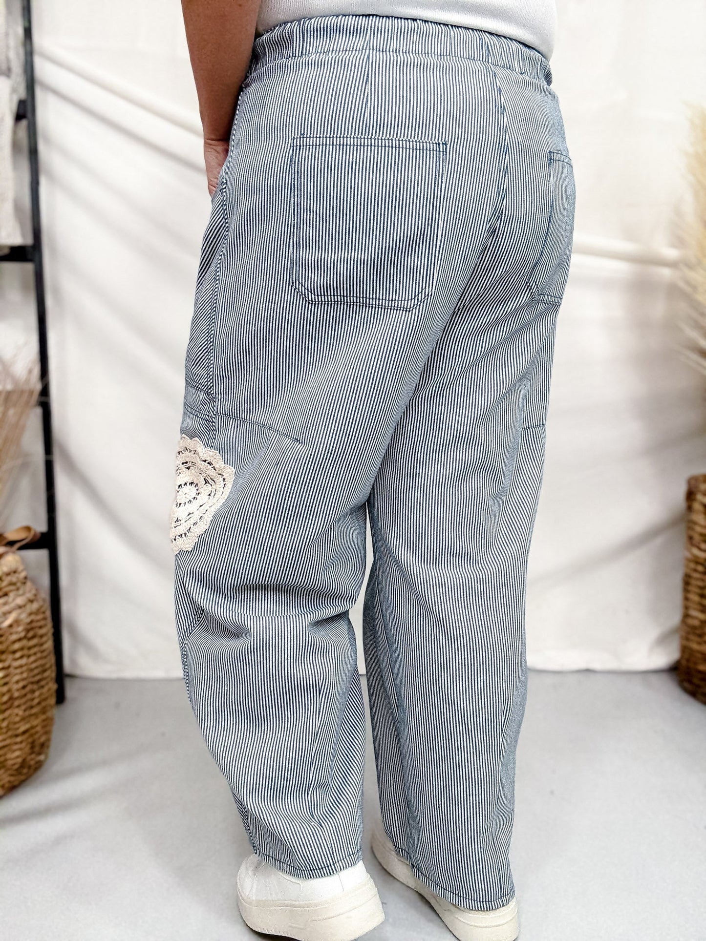 Blue & White Striped Drawstring Pants With Crochet Appliques - Whiskey Skies - ODDI