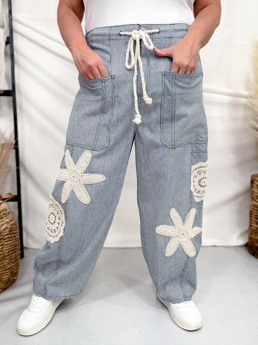 Blue & White Striped Drawstring Pants With Crochet Appliques - Whiskey Skies - ODDI