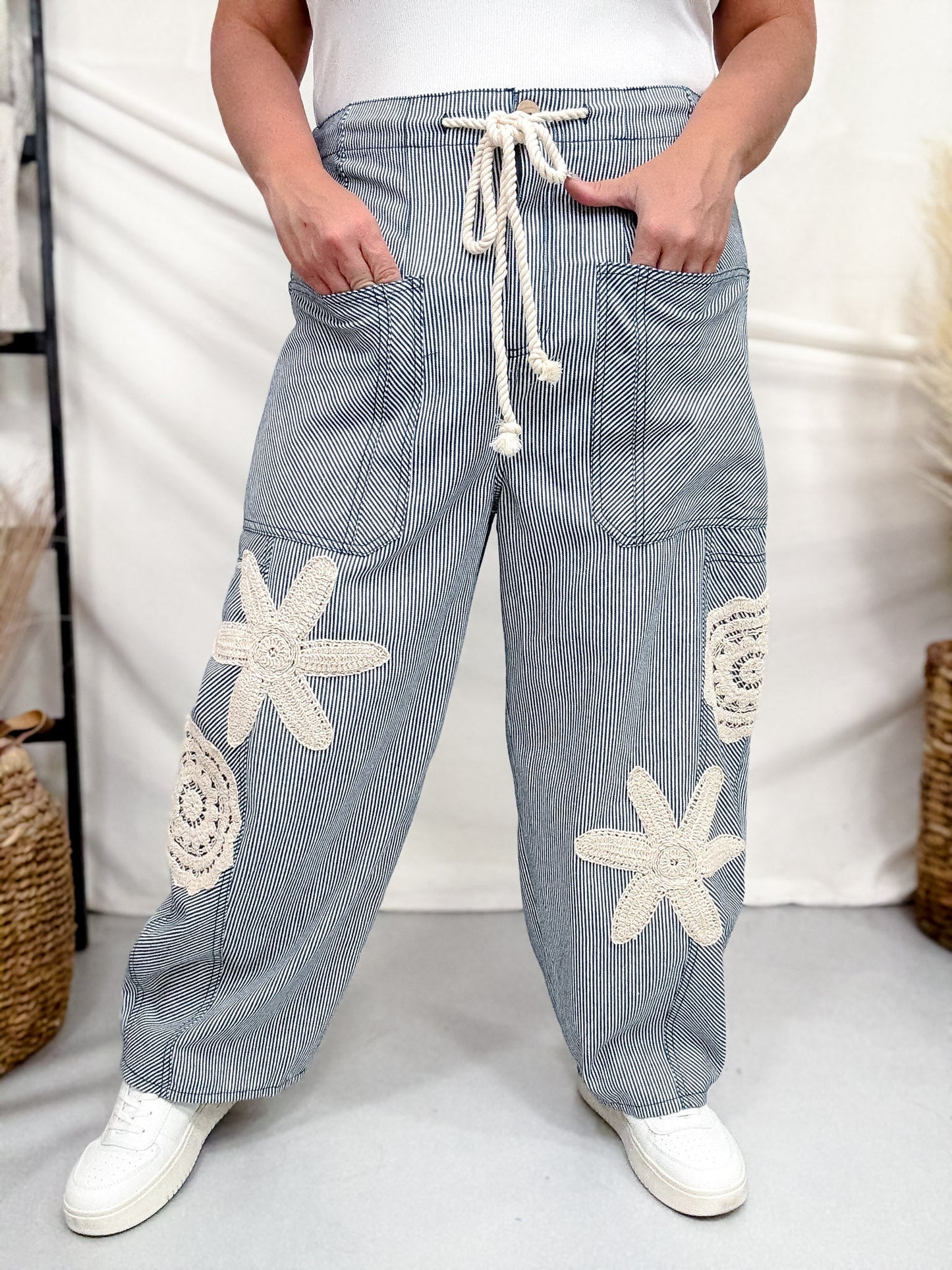 Blue & White Striped Drawstring Pants With Crochet Appliques - Whiskey Skies - ODDI