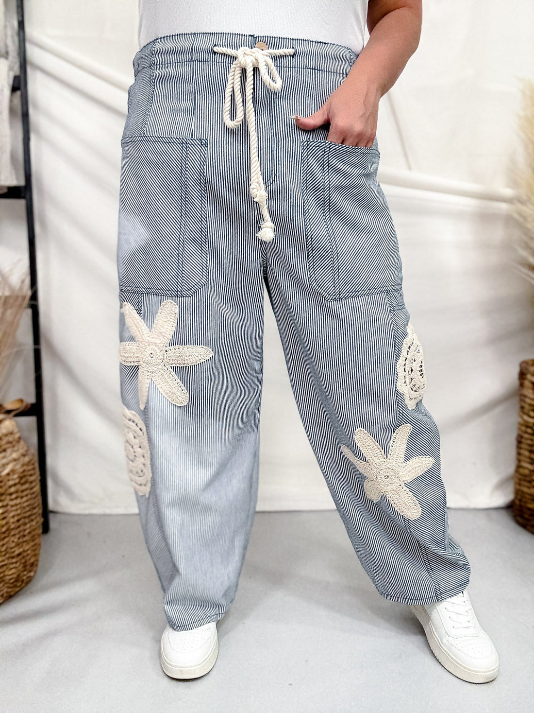 Blue & White Striped Drawstring Pants With Crochet Appliques - Whiskey Skies - ODDI