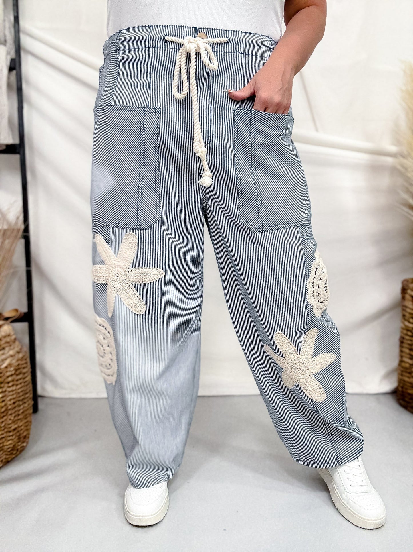 Blue & White Striped Drawstring Pants With Crochet Appliques - Whiskey Skies - ODDI