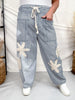 Blue & White Striped Drawstring Pants With Crochet Appliques - Whiskey Skies - ODDI