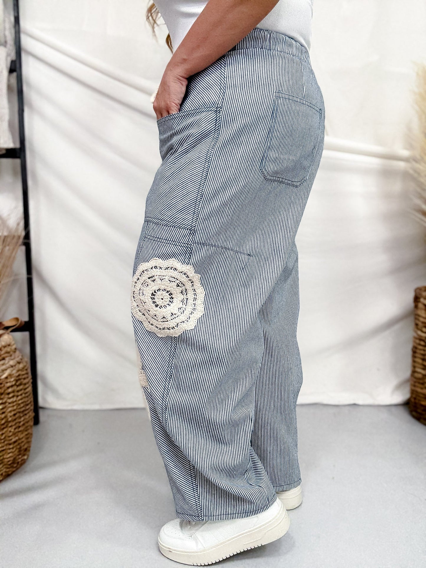 Blue & White Striped Drawstring Pants With Crochet Appliques - Whiskey Skies - ODDI