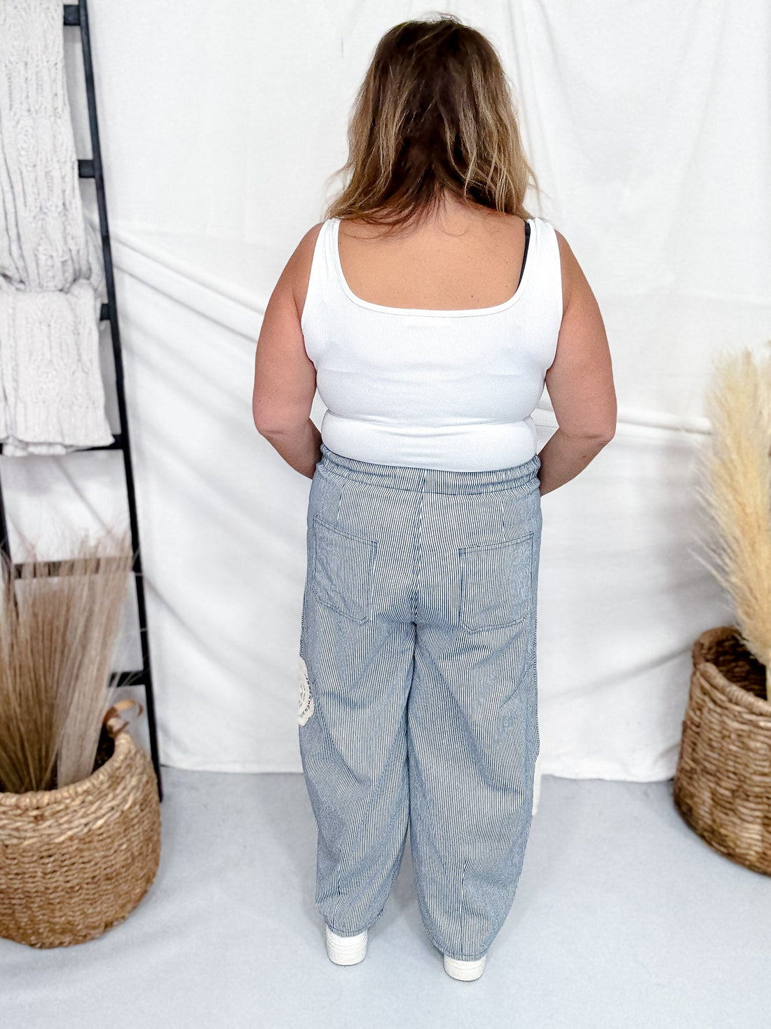 Blue & White Striped Drawstring Pants With Crochet Appliques - Whiskey Skies - ODDI