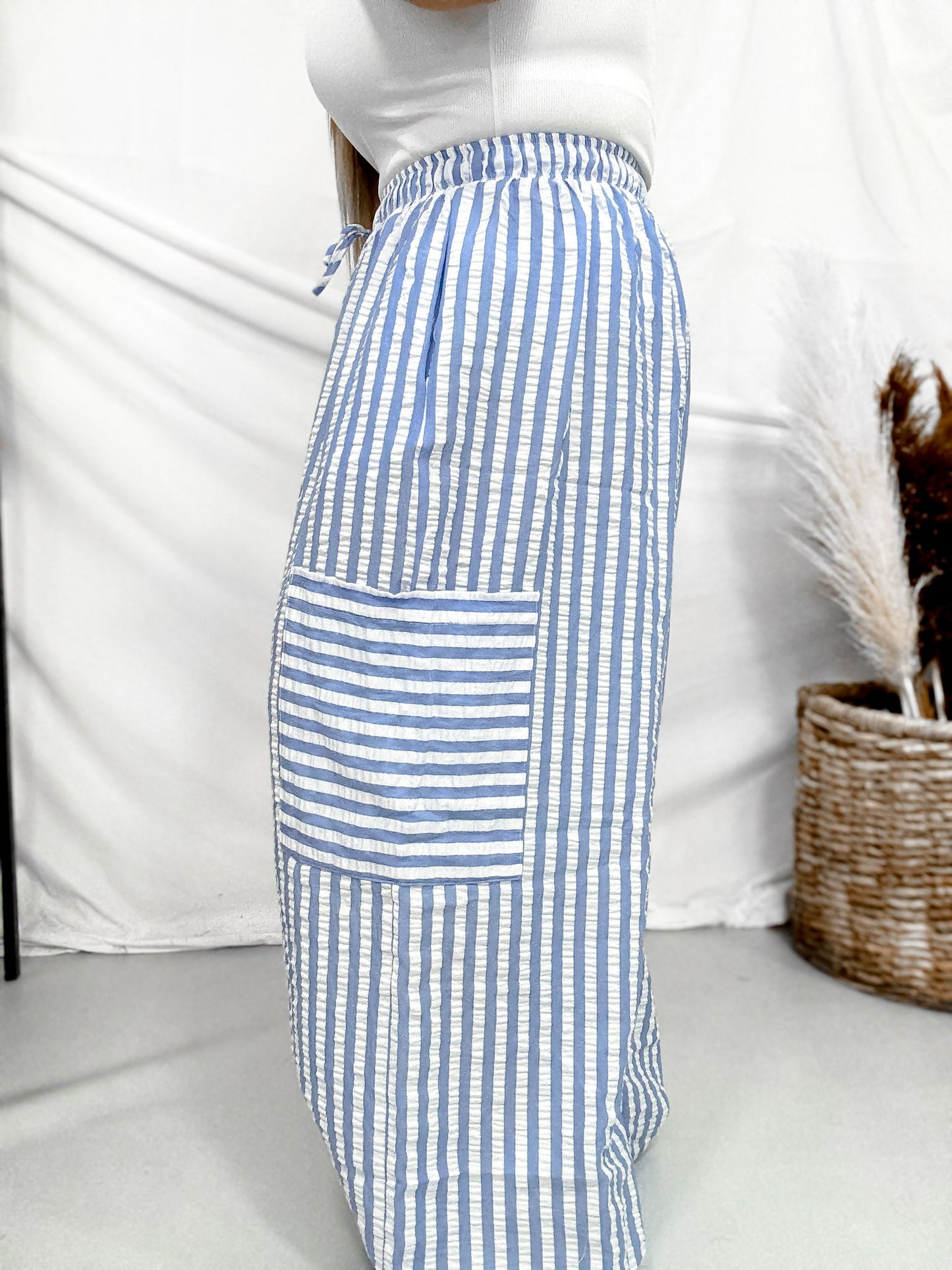 Blue & White Striped Wide Leg Lounge Pants - Whiskey Skies - ODDI