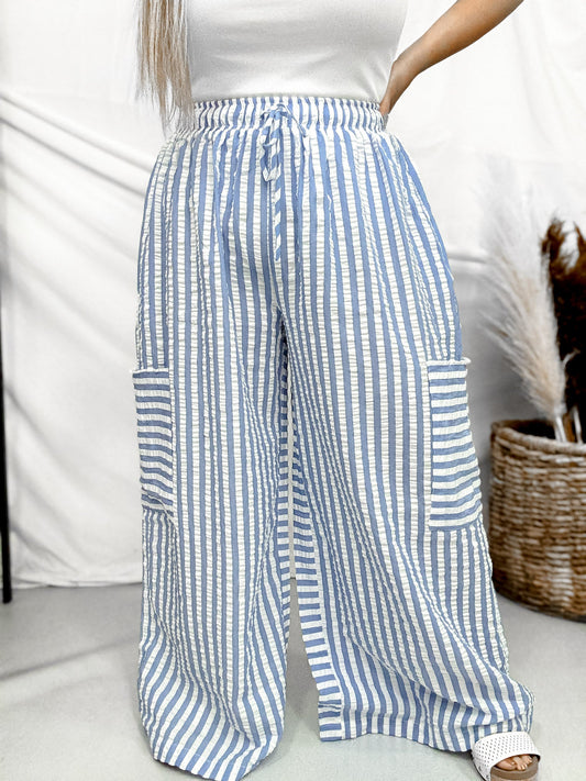 Blue & White Striped Wide Leg Lounge Pants - Whiskey Skies - ODDI