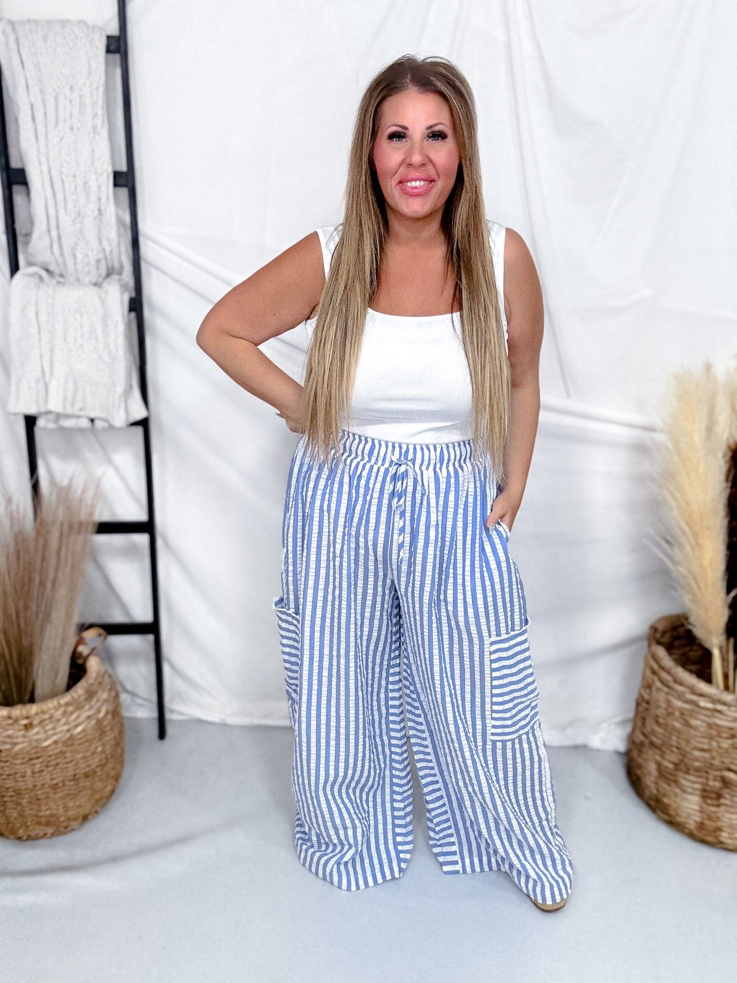 Blue & White Striped Wide Leg Lounge Pants - Whiskey Skies - ODDI