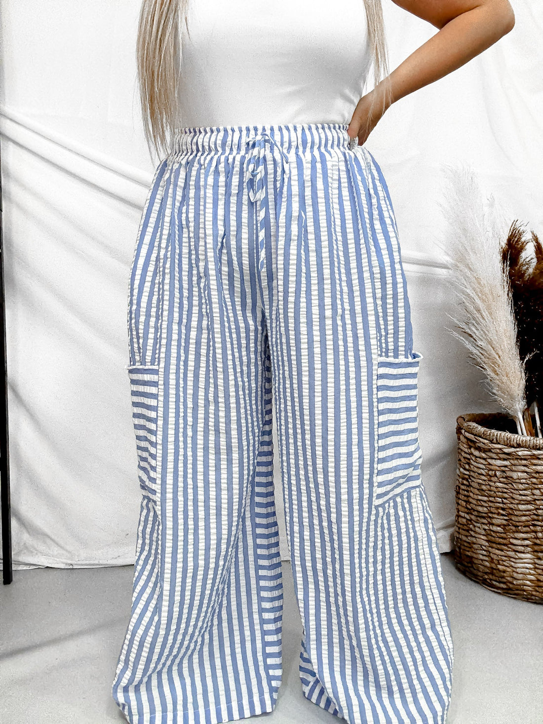 Blue & White Striped Wide Leg Lounge Pants - Whiskey Skies - ODDI